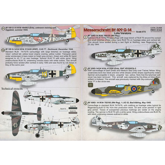 Print Scale 72-406 - 1/72 - Messerschmitt Bf-109 G-14 Late, Decal for aircraft