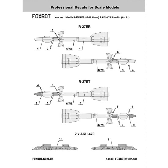 Foxbot 48-055 1/48 Soviet Missile R-27ER/ET (AA-10 Alamo) and AKU-470 Stencils No. 1