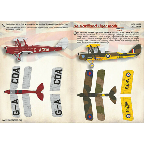 Print Scale 48-179 - 1/48 - De Havilland Tiger Moth Part 1, Wet Decals