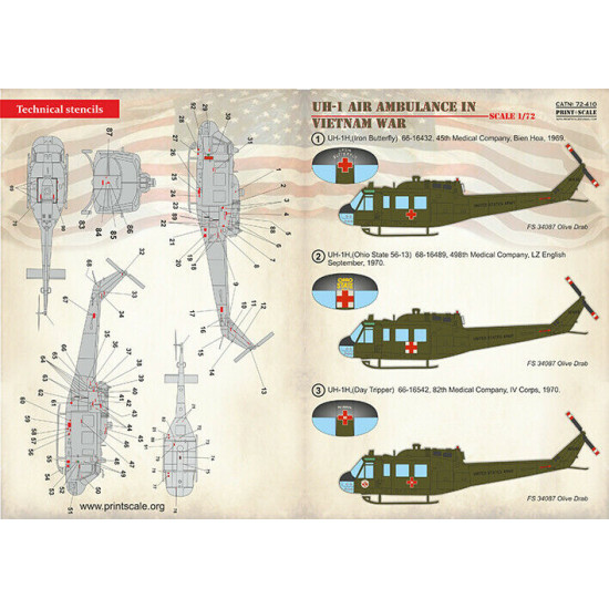 Print Scale 72-410 - 1/72 - UH-1 Air Ambulance in Vietnam War. Decal sheet