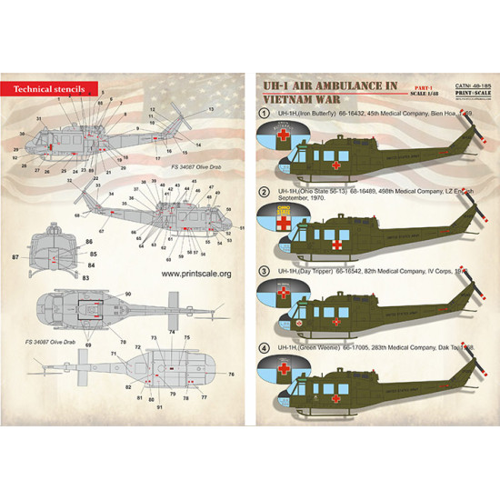 Print Scale PSR 48-185 - 1/48 - UH-1 Air Ambulance in Vietnam War Part 1 scale wet decal for plastic model