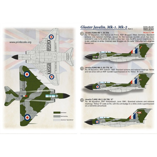 Print Scale 48-197 - 1/48 Gloster Javelin Part 1 The complete set 2 leaf, Decals
