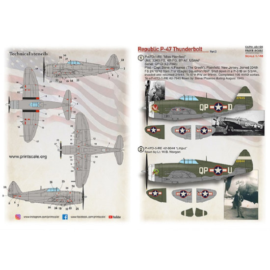 Print Scale 48-199 - 1/48 Republic P-47 D Part 3, wet Decals for aircraft model