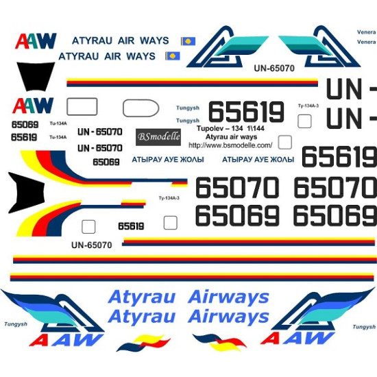 BSmodelle 144317 - 1/144 Tupolev Tu-134 Atyrau Airways decal for aircraft model BSmodelle 144317 - 1/144 Tupolev Tu-134 Atyrau Airways decal for aircraft model