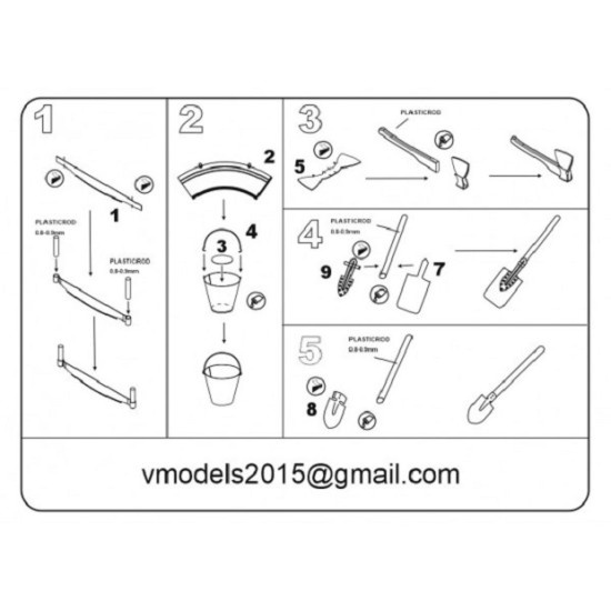 Vmodels 48013 - 1/48 Pioneer tools. Bucket, a hacksaw, shovels, an ax scale kit