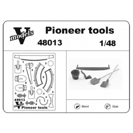 Vmodels 48013 - 1/48 Pioneer tools. Bucket, a hacksaw, shovels, an ax scale kit