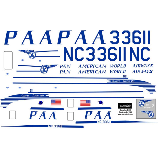 BSmodelle 480331 - 1/48 Douglas DC-3 PAA decal scale for aircraft model scale BSmodelle 480331 - 1/48 Douglas DC-3 PAA decal scale for aircraft model scale