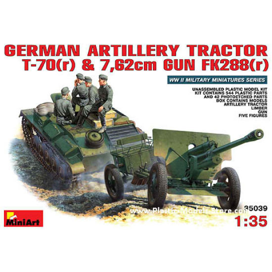 GERMAN ARTILLERY TRACTOR T-70(R) AND 7,62CM FK 288(R) W/CREW PLASTIC MODEL KIT SCALE 1/35 MINIART 35039