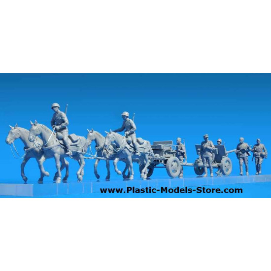 SOVIET DIVISIONAL ARTILLERY 4 HORSES, LIMBER, GUN AND 7 FIGURES OF ARTILLERYMEN - PLASTIC MODEL KIT SCALE 1/35 MINIART 35045