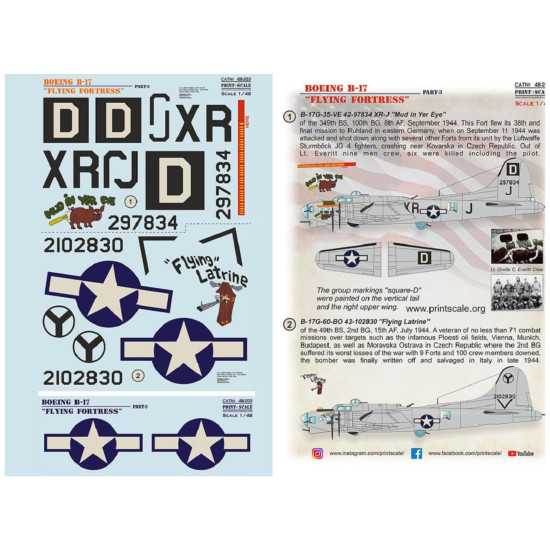 Print Scale 48-203 - 1/48 Boeing B-17 Flying Fortress Part 3 Decals for aircraft