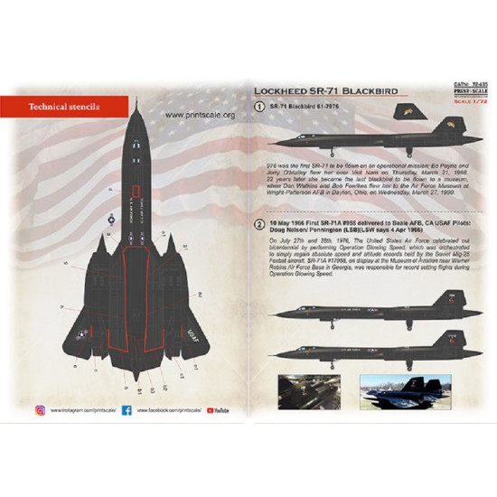 Print Scale 72-435 - 1/72 Lockheed SR-71 Part-1, Decals for aircraft