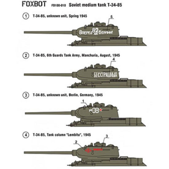 Foxbot 100-010 - 1/100 Scale High-quality decals - Soviet medium tank T-34/85