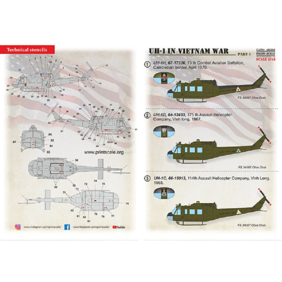 Print Scale 48-204 - 1/48 UH-1 in Viet Nam War Part 1, decal for plastic model Print Scale 48-204 - 1/48 UH-1 in Viet Nam War Part 1, decal for plastic model