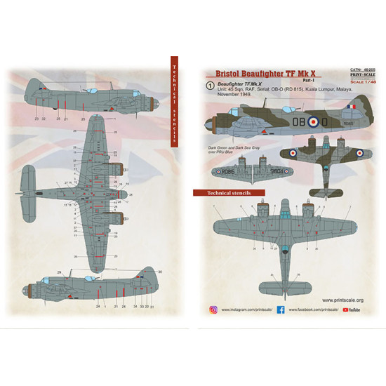 Print Scale 48-205 - 1/48 Beaufighter Mk.X Part 1, decal for plastic model