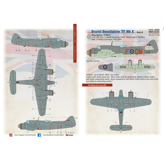 Print Scale 48-208 - 1/48 Bristol Beaufighter TF Mk X Part 3 Decal for aircraft