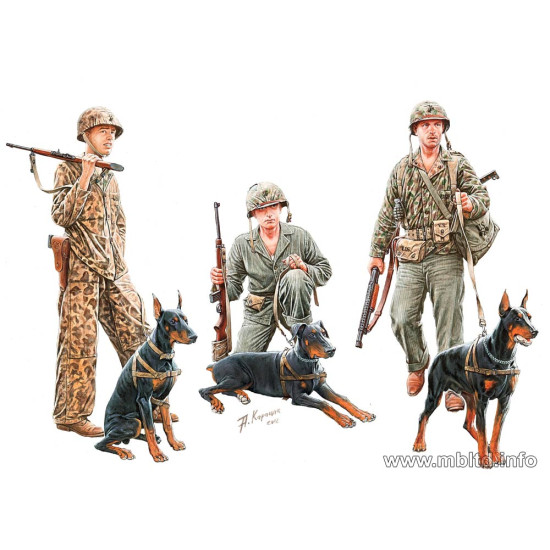 Dogs in service in the US Marine Corps, WW II era 3 figures 3 dogs 1/35 Master Box 35155