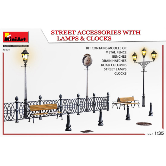 Miniart 35639 - 1/35 Outdoor accessories with lampposts and clocks, scale model