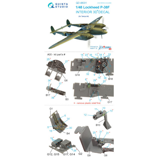 Quinta QD48031 - 1/48 3D-Printed & Coloured Interior for P-38F Tamiya Kit Quinta QD48031 - 1/48 3D-Printed & Coloured Interior for P-38F Tamiya Kit