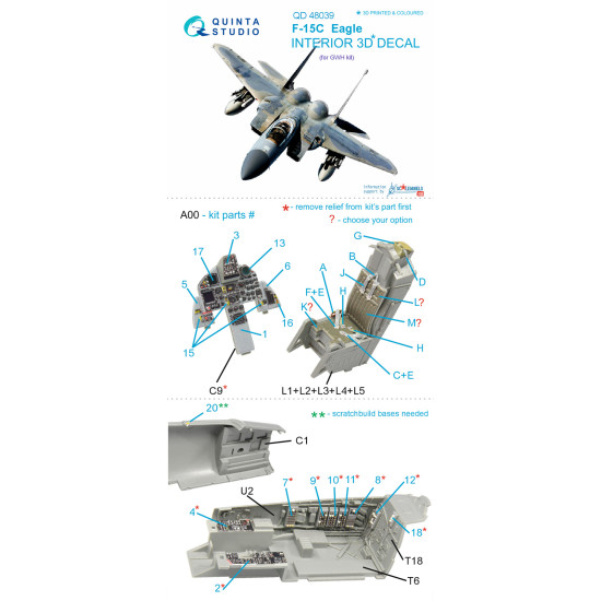 Quinta QD48039 - 1/48 3D-Printed coloured interior for F-15C GWH kit Quinta QD48039 - 1/48 3D-Printed coloured interior for F-15C GWH kit