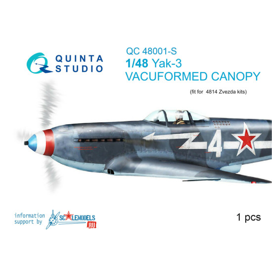 Quinta studio's QC48001-S - 1/48 Vacuformed clear canopy, 1 pcs for Yak-3 (Zvezda kit)