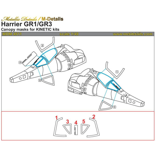 Metallic Details MDM4811 - 1/48 Harrier GR1/GR3. Canopy masks for scale model Aircraft Kinetic kit