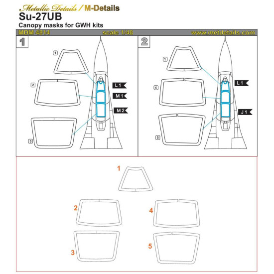 Metallic Details MDM4814 - 1/48 Su-27UB. Canopy masks for scale model Great Wall Hobby kit