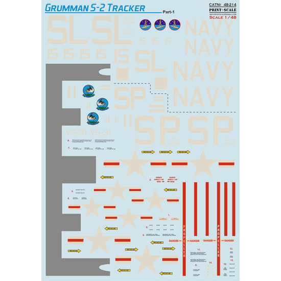 Print Scale PRS48-214 - 1/48 Grumman S-2 Tracker. Part 1 Wet Decals for aircraft model