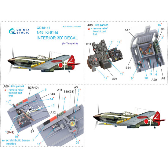 Quinta Studio QD48141 1/48 Ki-61-Id 3D-Printed and Coloured Interior on Decal Paper (Tamiya)