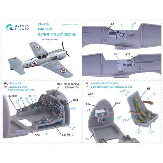 Quinta studio QD48184 1/48 La-11 3D-Printed and coloured Interior on decal paper HobbyBoss