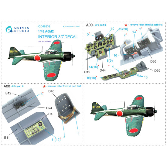 Quintas Studio QD48239 - 1/48 A6M2 Zero 3D-Printed & Coloured Interior on Decal Paper (Eduard)