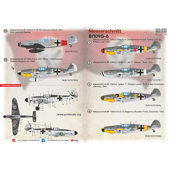Print Scale PRS72-455 - 1/72 Messerschmitt BF109G-6 Wet Decals for aircraft model