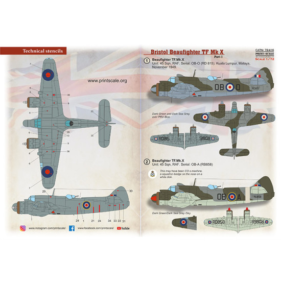 Print Scale 72-416 - 1/72 Bristol Beaufighter Mk.X Part 1, Aircraft wet decal