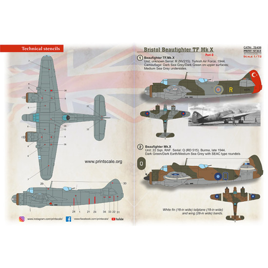Print Scale 72-436 - 1/72 Bristol Beaufighter Mk.X Part 2, Aircraft wet decal