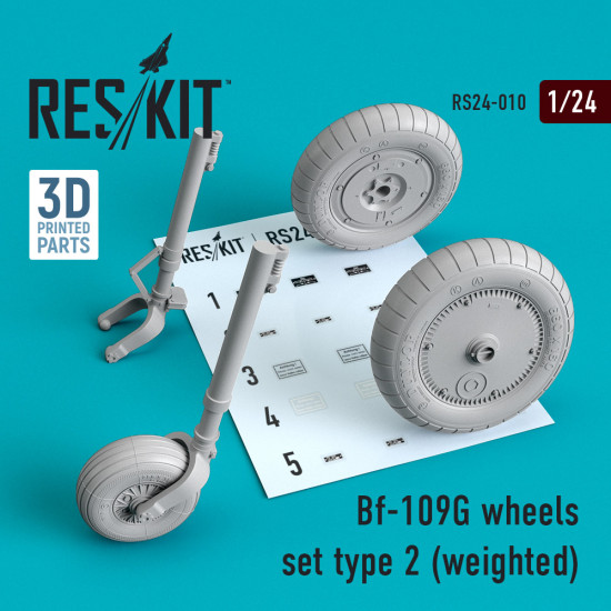 Reskit RS24-0010 - 1/24 Bf-109G wheels set type 2 (weighted) for scale model