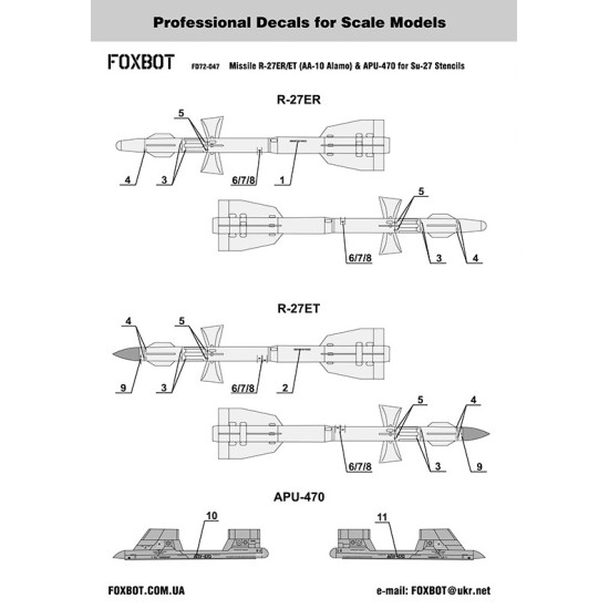Foxbot 72-047 1/72 Soviet Missile R-73 (AA-11 Archer) & Su-27 Stencils