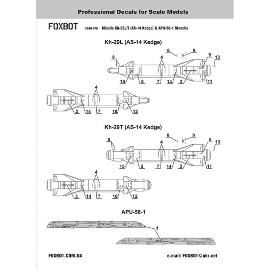 Foxbot 48-079 1/48 Decal Missile Kh-29L/T (AS-14 Kedge) and APU-58-1 Stencils