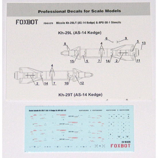 Foxbot 48-079 1/48 Decal Missile Kh-29L/T (AS-14 Kedge) and APU-58-1 Stencils