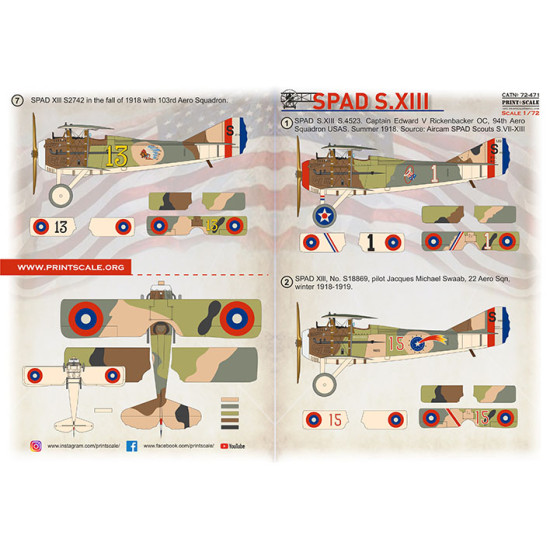 Print Scale 72-471 1/72 Decal for SPAD S.XIII Military aircraft