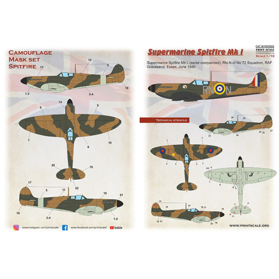 Print Scale PSM72002 1/72 Mask for Supermarin Spitfire Mk.1 Military aircraft