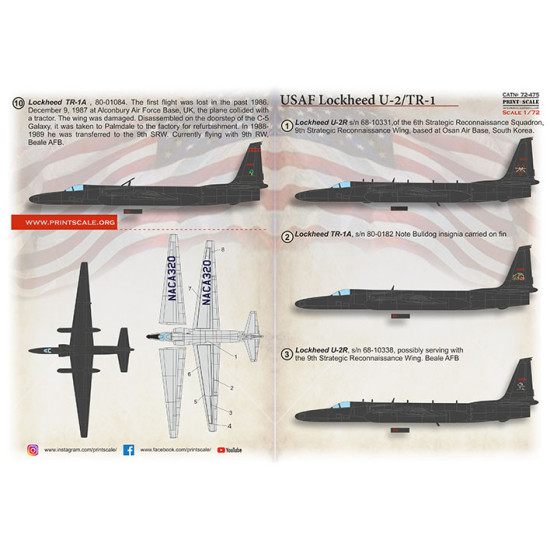 Print Scale 72-475 1/72 Lockheed U-2/TR-1 Decal for aircraft