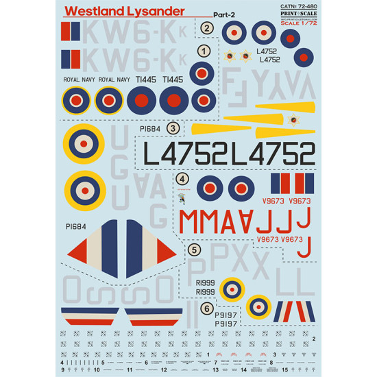 Print Scale 72-480 1/72 Westland Lysander Part 2 Decal for aircraft