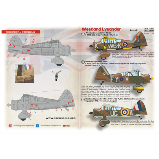 Print Scale 72-480 1/72 Westland Lysander Part 2 Decal for aircraft