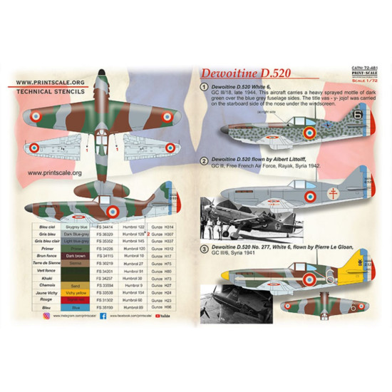 Print Scale 72-481 1/72 Dewoitine D.520 Part 2 Decal for aircraft