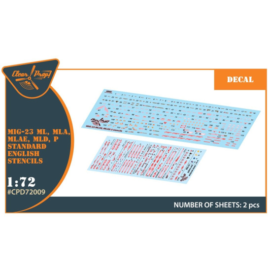 Clear Prop CPD72009 1/72 MiG-23ML, MLA, MLD, P, MLAE standard english stencils