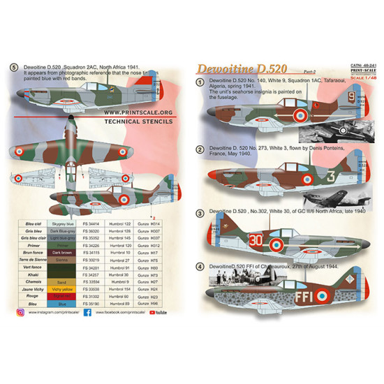 Print Scale 48-241 - 1/48 - D-520 Dewoitine Part-2. Decal for aircraft