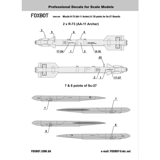 Foxbot 48-049 1/48 Stencils for Missile R-73 AA-11 Archer & 7/8 points for Su-27