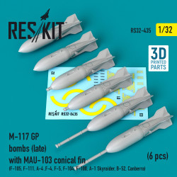 Reskit Rs32-0435 1/32 M-117 Gp Bombs Late With Mau103 Conical Fin 6 Pcs F105 F111 A4 F4 F5 F104 F100 A1 Skyraider B-52 Canberra 3d Printing