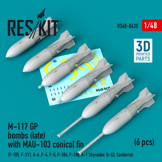 Reskit Rs48-0435 1/48 M117 Gp Bombs Late With Mau103 Conical Fin 6 Pcs F105 F111 A4 F4 F5 F104 F100 A1 Skyraider B52 Canberra 3d Printing