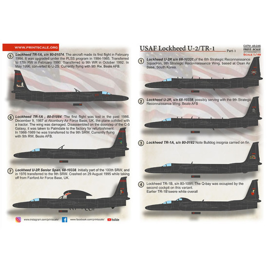 Print Scale 48-246 1/48 Decal For Usaf Lockheed U2 Tr 1 Part 1