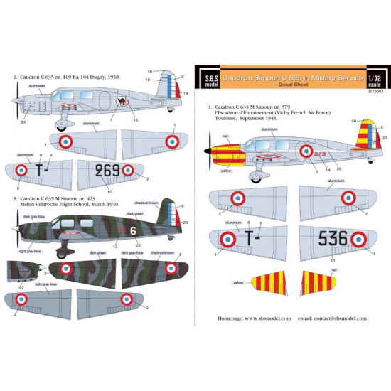 Sbs D72001 1/72 Decal For Caudron Simoun D 635 In Military Service Sbs D72001 1/72 Decal For Caudron Simoun D 635 In Military Service
